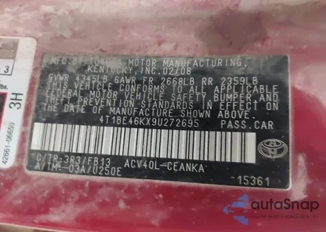 2009 Toyota Camry Le from USA, damaged, VIN 4T1BE46KX9U272695